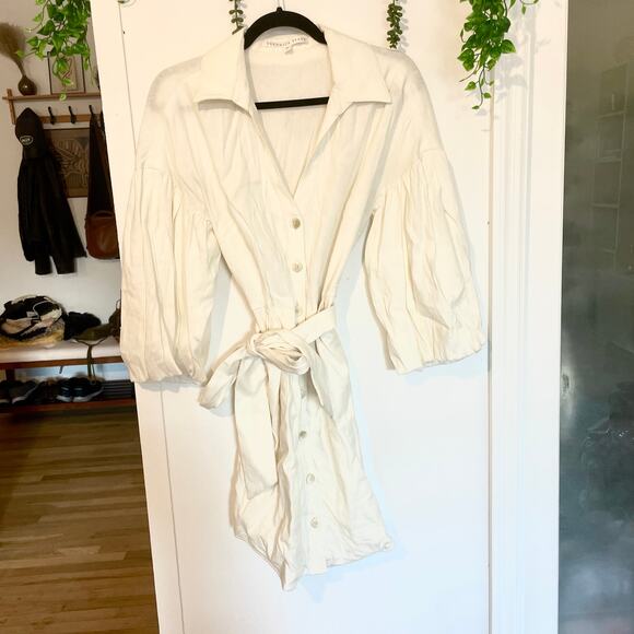 Veronica Beard Samy Linen Shirt Dress Long Puff Sleeves Cream Button Up sz 6 - Picture 2 of 8